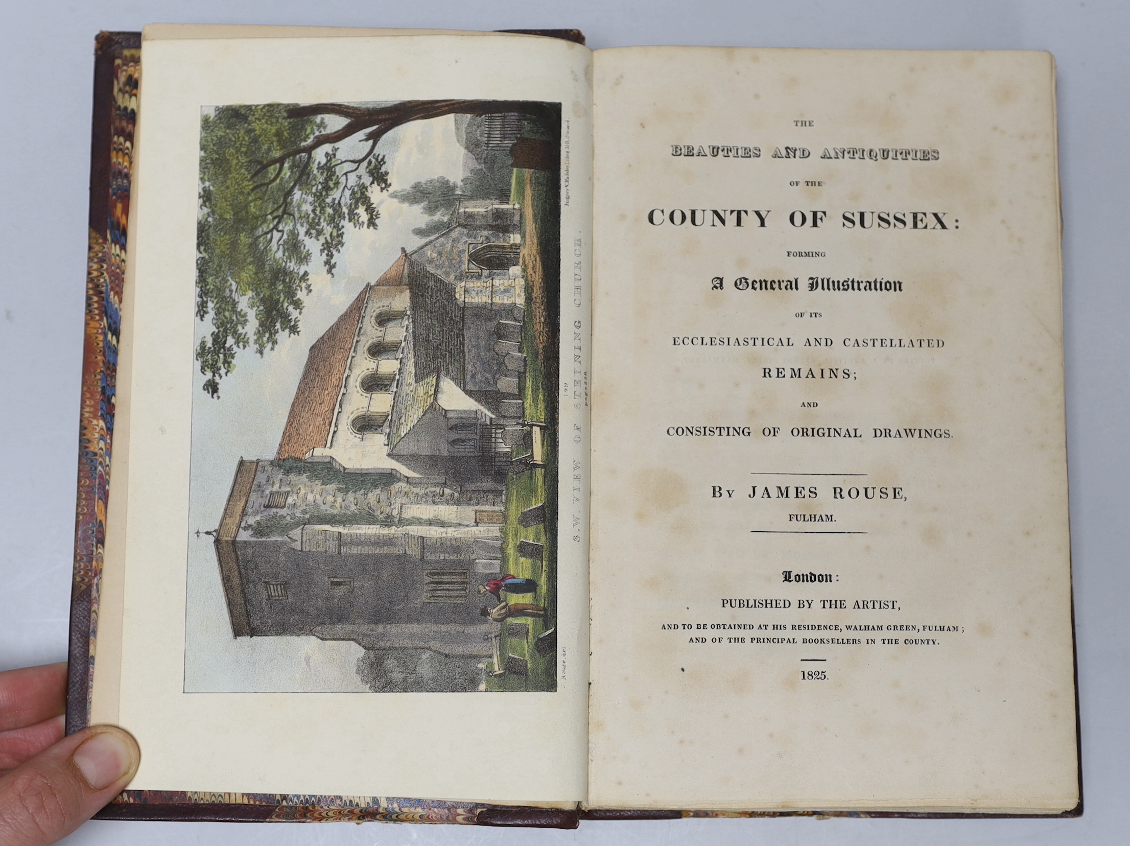 SUSSEX - Rouse, James - The Beauties and Antiquities of the County of Sussex forming a General Illustration of its Ecclesiastical and Castellated Remains, 2 vols, 8vo, half calf, with coloured lithographic plates, by the